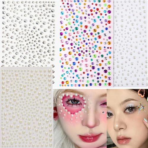 LIKENNY メイク ラインストーン フェイスシール キラキラ ラインストーン 貼り紙 4枚 3D パール キラキラ カラフル シール ダイヤモンド デコパーツ 顔面デコ ネイルアートパーツ 自己接着 貼り付け可能 多種多様 DIY用品 ハンドメイド アクセサリー
