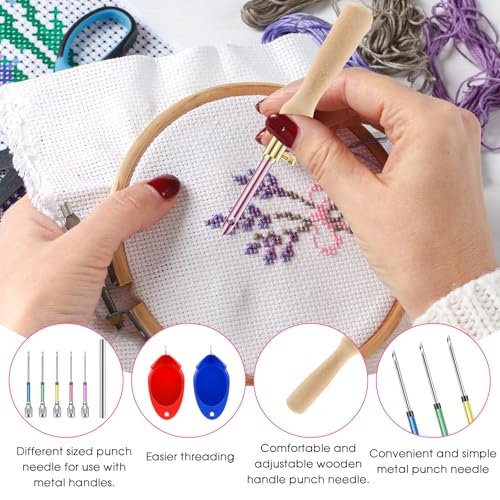 Image of 10 Pcs Punch Needle Kit Adjustable Punch Needle Tool Punch Stitching Kit Punch Needle with Wooden Handles Stitch Embroidery Needle Set Punch Needle Kits for Adults Beginner