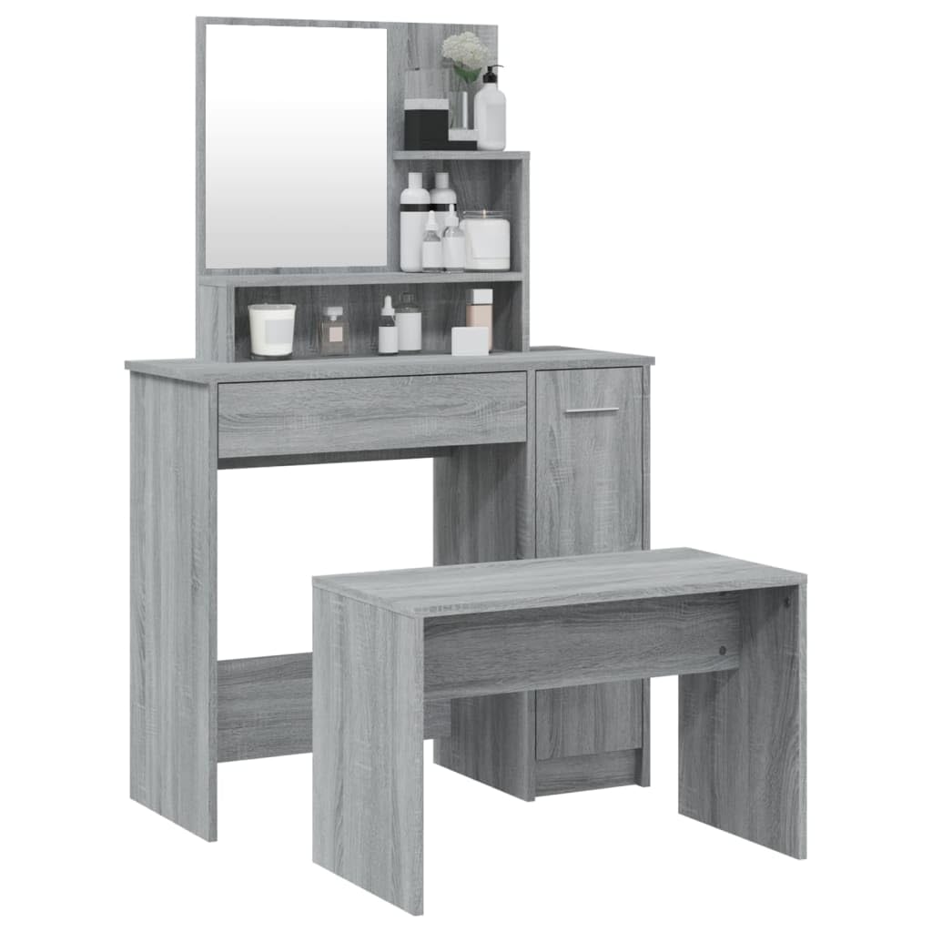 Schminktisch-Set Grau Sonoma 86,5x35x136 cm mit Hocker und Spiegel, moderner Holzwerkstoff-Schminktisch mit viel Stauraum für Make-up und Schmuck, ideal für Schlafzimmer