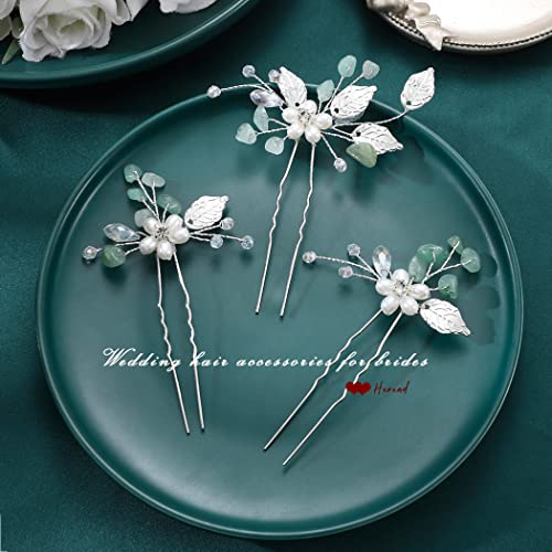 Heread Pearl Flower Bride Wedding Hair Pins Silver Leaf Bridal Hair Accessories Green Opal Rhinestones Hair Pieces Clips For Women And Girls (Pack Of 3) #TOP3