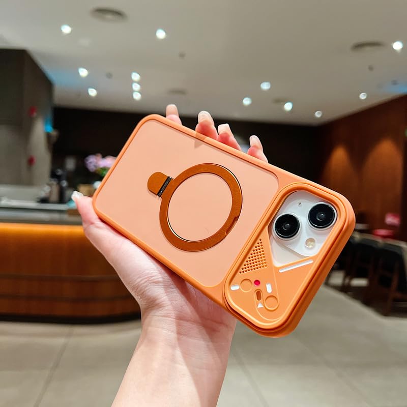 Image of LuxuryKase Magnetic Shockproof Case for iPhone 15 | Foldable 110 Metal Ring Kickstand | Matte Finish | Futuristic Camera Shield Design | Slim Profile & MagSafe Compatible - Orange