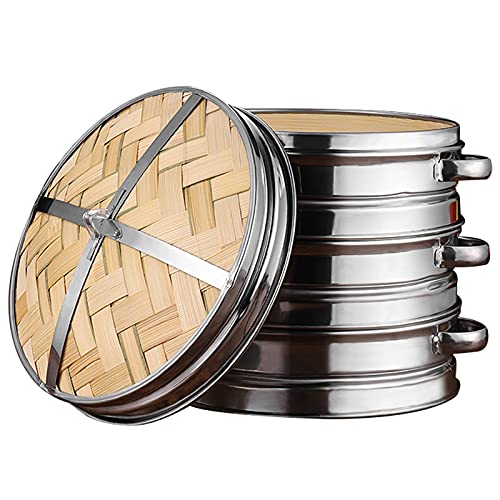 Bamboo Steamer Basket 3 Tier with Handle and Lid Bamboo Individually Box Chinese Organic Wooden Steamer with Lid for Dumpling Dim Sum Cooking,22cm