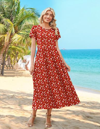 Image of Zeagoo Summer Dresses for Women 2026 Maxi Bohemian Floral Short Sleeve Long Dress Casual Flowy Tired Beach Sundress