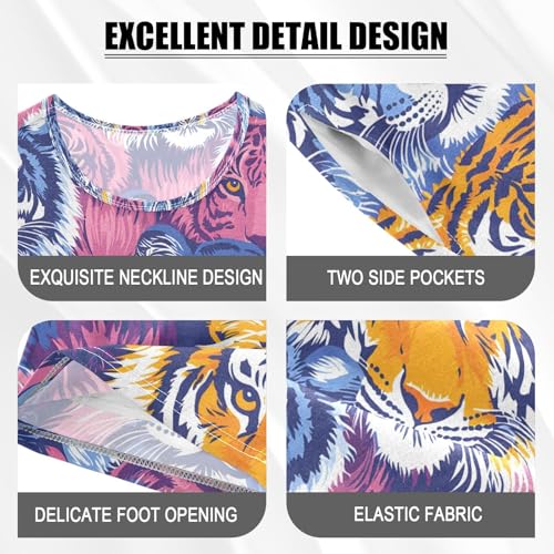 ALAZA Blue Colorful Tiger Animal Pajamas Set Short Sleeve Cotton Sleepwear Summer Pjs 2 Piece 5-14Y4
