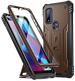 Poetic Revolution Series Case for Motorola Moto G Pure 6.5 inch (2021 Release), Full-Body Rugged Dual-Layer Shockproof Protective Cover with Kickstand and Built-in-Screen Protector, Brown