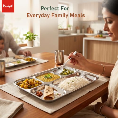 Image of Parage 6 Pieces Stainless Steel 3- Compartment Thali Set /Dinnerware /Dinner Plate Set / 3 in 1 Partition /Kitchenware for Home, Restaurants, Famliy Use, Bhojan Thali (Silver)