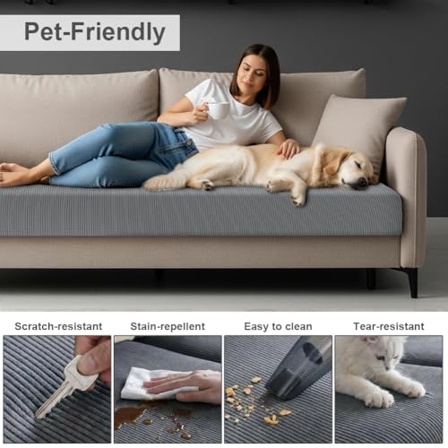 Vicloon Funda de Cojín de Asiento de Sofá, Funda Asiento Chaise Longue Elástica, Antideslizante, Universal, Lavable, Tela de Poliester, Protector para Muebles, 160x95x20 cm (Chaise Longue, Gris) - imagen 3