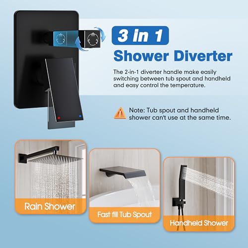 Sistema de Ducha Negro Mate con Grifo para Bañera y Ducha de Lluvia de 12 Pulgadas | Juego Completo de Ducha para Bañera y Ducha de Lluvia con Válvula y Kit de Acabados, Montaje en Pared miniatura 6