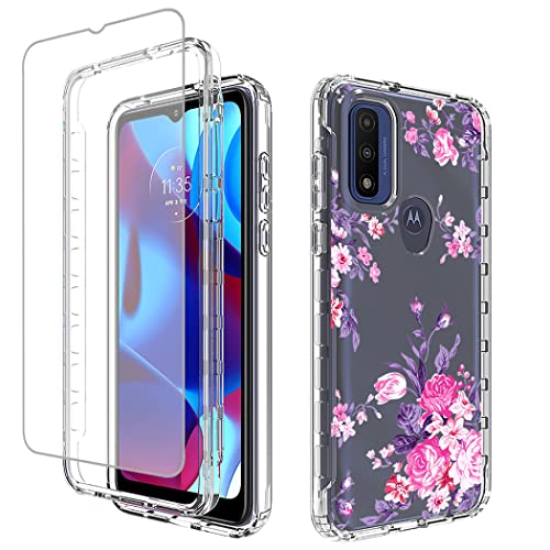 Zoeirc Case for Moto G Pure 2021 Case/for Moto XT2163DL Case with Tempered Glass Screen Protector, Soft 360 Full Body Hybrid Bumper Crystal Clear Case Cover for Motorola Moto G Pure 2021 (Rose Flower)