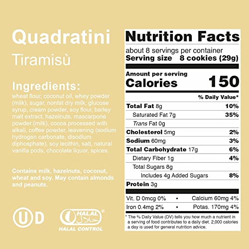 Image of Loacker Quadratini Tiramisu bite-size Wafer Cookies| SMALL Pack of 6 | Crispy Wafers with 4 creamy layers of finest Tiramisu cream filling | great for snacks & desserts | No artificial flavorings, added colors or preservatives | 3.88 oz per bag