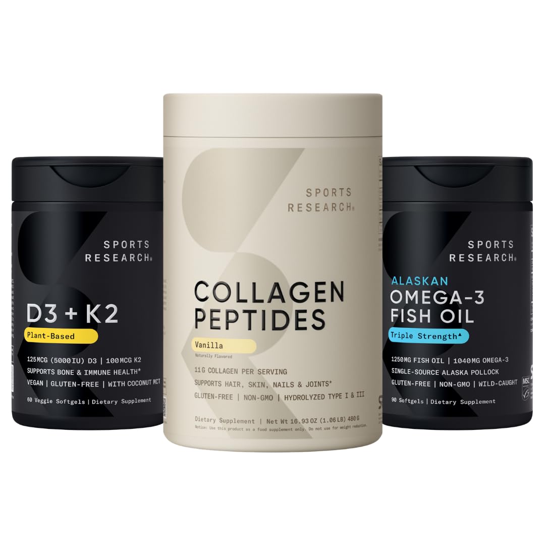 Sports Research Skin Joint and Bones Pack - Vanilla Collagen Peptides Triple Strength Omega-3 Fish Oil Supplement and
