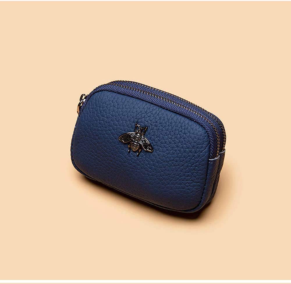 Porte-Monnaie en Cuir véritable pour Femme - Double Zipper Bee Change Pouch Wallet Card Holder Porte-Monnaie Mini Simple Cute Coin Pocket utile pour Les Femmes (Bleu)