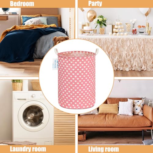 Image of Round Laundry Basket Collapsible Storage Hamper Organizer Pink Heart | Waterproof Canvas Foldable Baskets with sturdy Handles Multi-scene Organizer for Home Play Bedroom Gift Bin