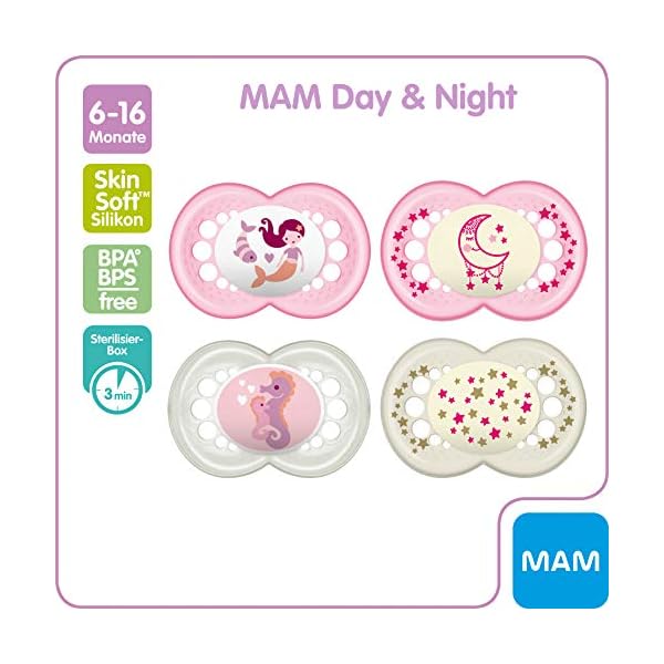 MAM Day & Night Schnuller-Set im 4er-Set, 2x MAM Original und 2x MAM Night, zahnfreundlicher Silikonschnuller aus… – Bild 3