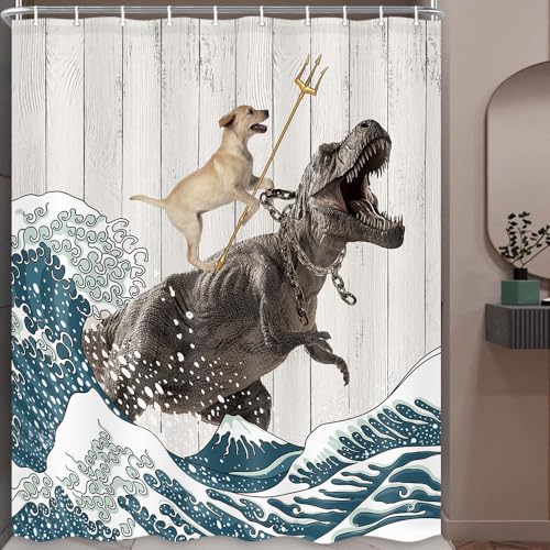 Image of Boziqr Funny Dog Shower Curtain, Japanese Ocean Wave Dinosaur Rustic Barn Door Decor Fabric Bathroom Curtains Set, Cute Animal Kids Polyester Fabric Waterproof, 60 X 70 Inches