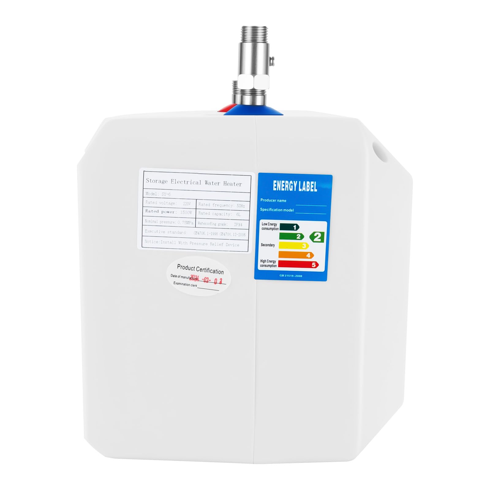 Petit chauffe-eau sous évier 6 l - Résistant à la pression - 1500 W - Pour cuisine - Avec écran LED - Petit chauffe-eau - Pour une utilisation sous les éviers de cuisine et les lavabos