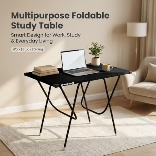 Image of Mighty Home Multipurpose Foldable Study Table | Laptop Desk for Home & Office | 2-Seater Dining Table | Portable Design | Safe Corner Protection | Engineered Wood Top & Metal Frame | Black