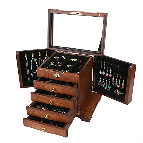 Preisvergleich Produktbild Schmuck-Box Frauen Retro Hölzerne Schmuckschatulle Mit Großer Kapazität Aufbewahrungsbox Exquisiter Schmuck, Schöne Wohnkultur Halsketten Armbänder Vitrine ( Color : Brown , Size : 29×20.5×24cm )