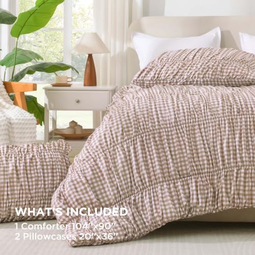 Image of Andency Ruched Gingham Tan King Comforter Set, Boho Ruffle Bedding 3 Pieces | Shabby Chic Bed Set for Girls, Kids, Women, Lightweight Soft Pleatd Comforter, All Season