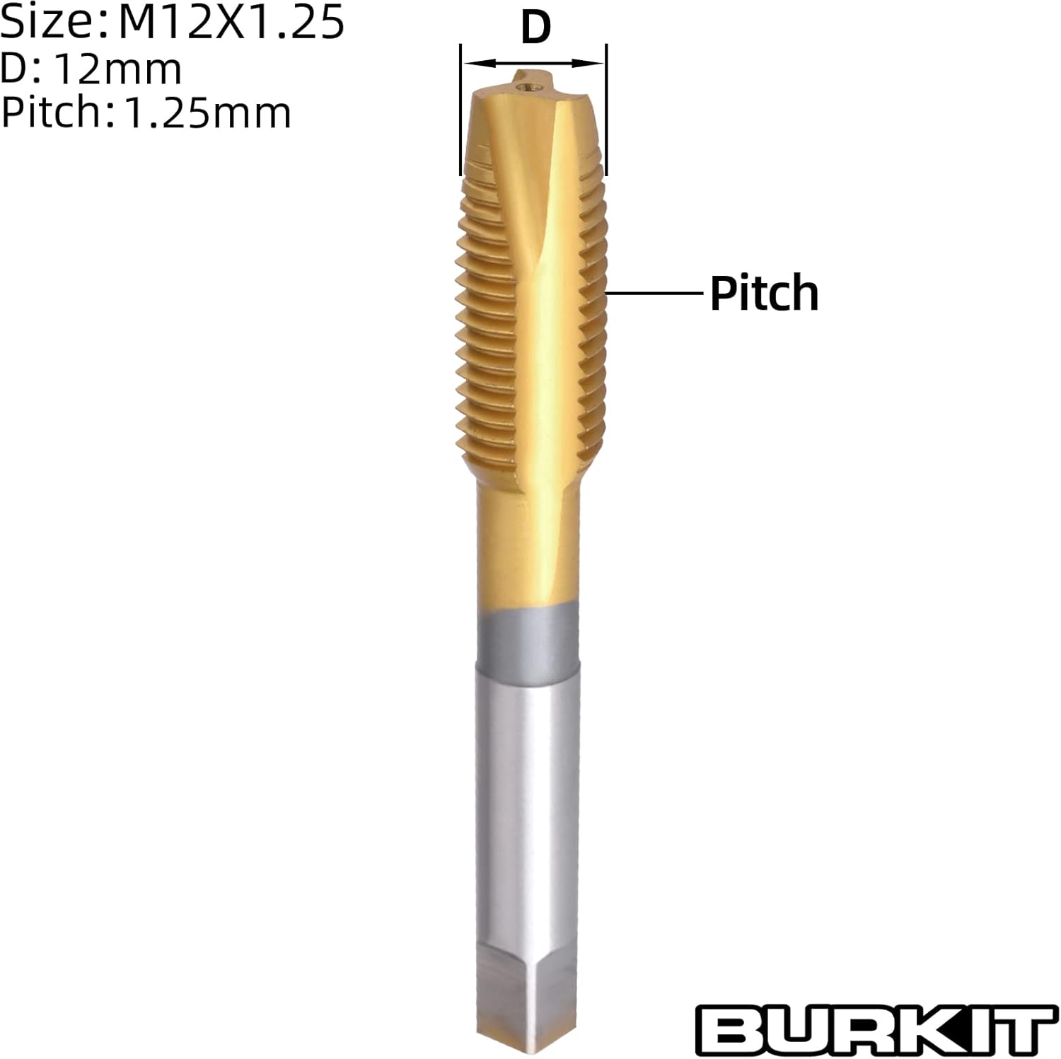 Burkit M12 X 1.25 Spiral Point Tap, HSS Titanium coating Spiral Point Plug Threading Tap M12 x 1.25