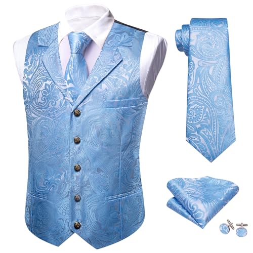 Image of Barry.Wang Mens Silk Lapel /Shawl Collar Vest Tie Sleeve Holder Set Formal /Casual Paisley Vests Wedding Tuxedo Waistcoat