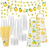 XLSXEXCL Lemonade Stand Supplies, 50 Pcs Lemonade Cups with Lids and Straws and Stickers, Lemon Banner, 2 Kids Aprons with Pockets for Summer Lemon Birthday Baby Shower Party Decor