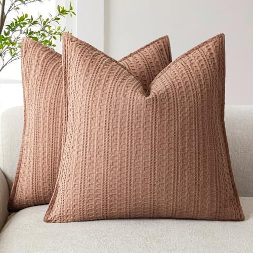 Image of Foindtower Set of 2 Decorative Cotton Waffle Weave Throw Pillow Covers Euro Shams Cushion Covers Accent European Pillowcase for Bed Couch Sofa Bedroom Living Room Home Decor 22x22 Inch Coral Pink