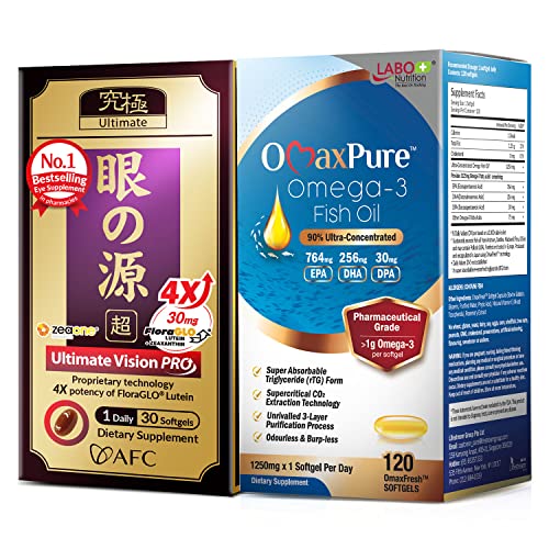 Labo Nutrition Omaxpure Omega 3 Fish Oil + Afc Japan Ultimate Vision Pro 4X, 1125Mg Omega-3, Lutein, Zeaxanthin, Bilberry, High Potency, For Eye, Vision, Heart, Joint, Brain & Immune Health #TOP17