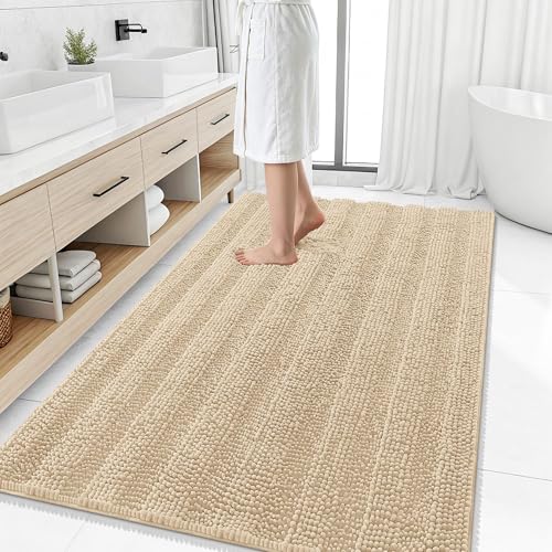 Image of Smiry Thick Chenille Large Bathroom Rugs 59x35, Extra Soft Absorbent Striped Bath Mat, Machine Washable, Rubber Backing, Bath Rugs for Bathroom, Tub & Shower, Home Decor Accessories, Beige