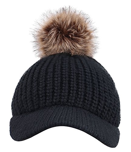 Arctic Paw Kids Cable Knit Beanie with Faux Fur Pompom and Brim Shade2