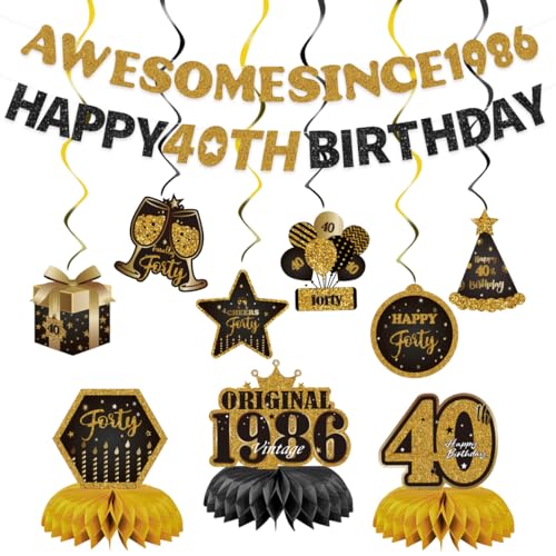 Image of 11pcs Happy 40th Birthday for Men Women Decorations,Forty Bday Banner Ceiling Table Topper Sign Awesome Since 1986 Old Black and Gold Kit Swirls Party Decorations Supplies
