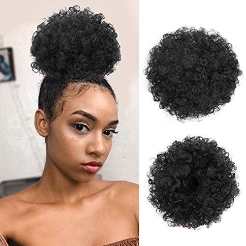 Akkya Synthetic Afro Puff Drawstring Bun Ponytail for Black Women Short Kinky Curly Hair Bun Extension Hairpieces Updo Hair Extensions with Two Clips (S,Black)