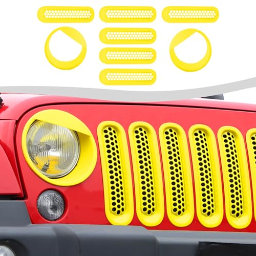 Image of Mesh Grille Grill Insert+ Style Headlight Turn Light Cover Trim Fit for 2007-2018 Jeep Wrangler JK JKU(Yellow)