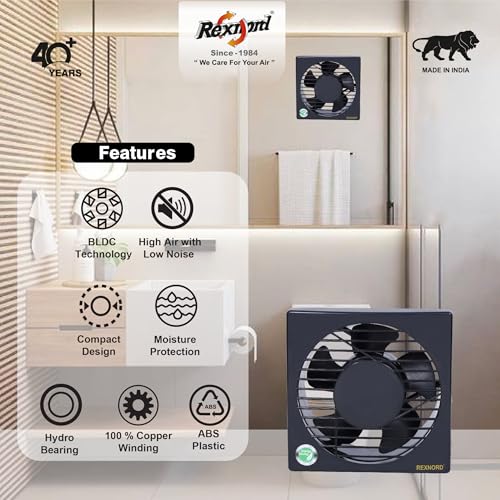Image of REXNORD REXVENT 150mm(6 Inches) ABS Plastic Body, 8 Watts BLDC Exhaust fans for Bathroom, Kitchen & office, Compact, Moisture Protection, Highspeed, Silent Operations, 100% Copper Winding | Black