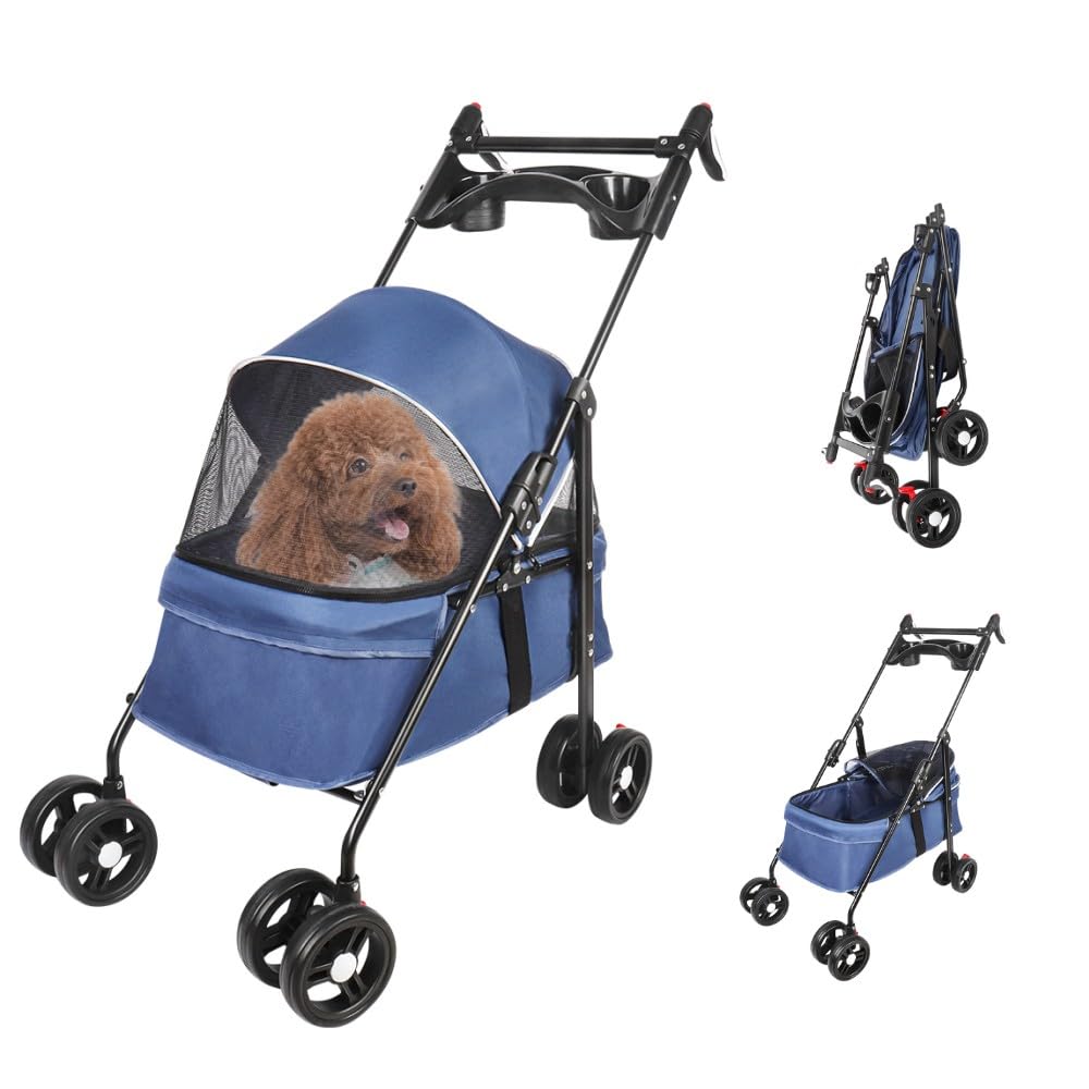 OHMG Passeggino cane gatto 2 in 1,Passeggino da viaggio per cani da 25 kg con borsa di stoccaggio, copertura antipioggia e portabicchieri, Pet Stroller Buggy