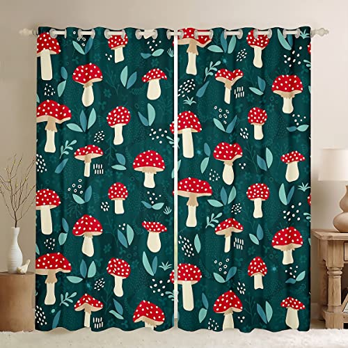 Red Mushroom Curtains Blue Leaves Curtains & Drapes for Kids Boys Teens,Jungle Weed Botanical Blackout Curtains Tropical Plant Leaf Window Treatments Rural Pastoral Style Bedroom Decor 84