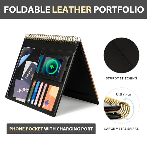Image of Ospelelf Clipboard with Storage for Men Women, Leather Padfolio Portfolio Organizer 5 Folders with 10 Pockets, Spiral Clipboard Folio with Notepad for Letter Size, Elastic Closure and Pen Loop Black