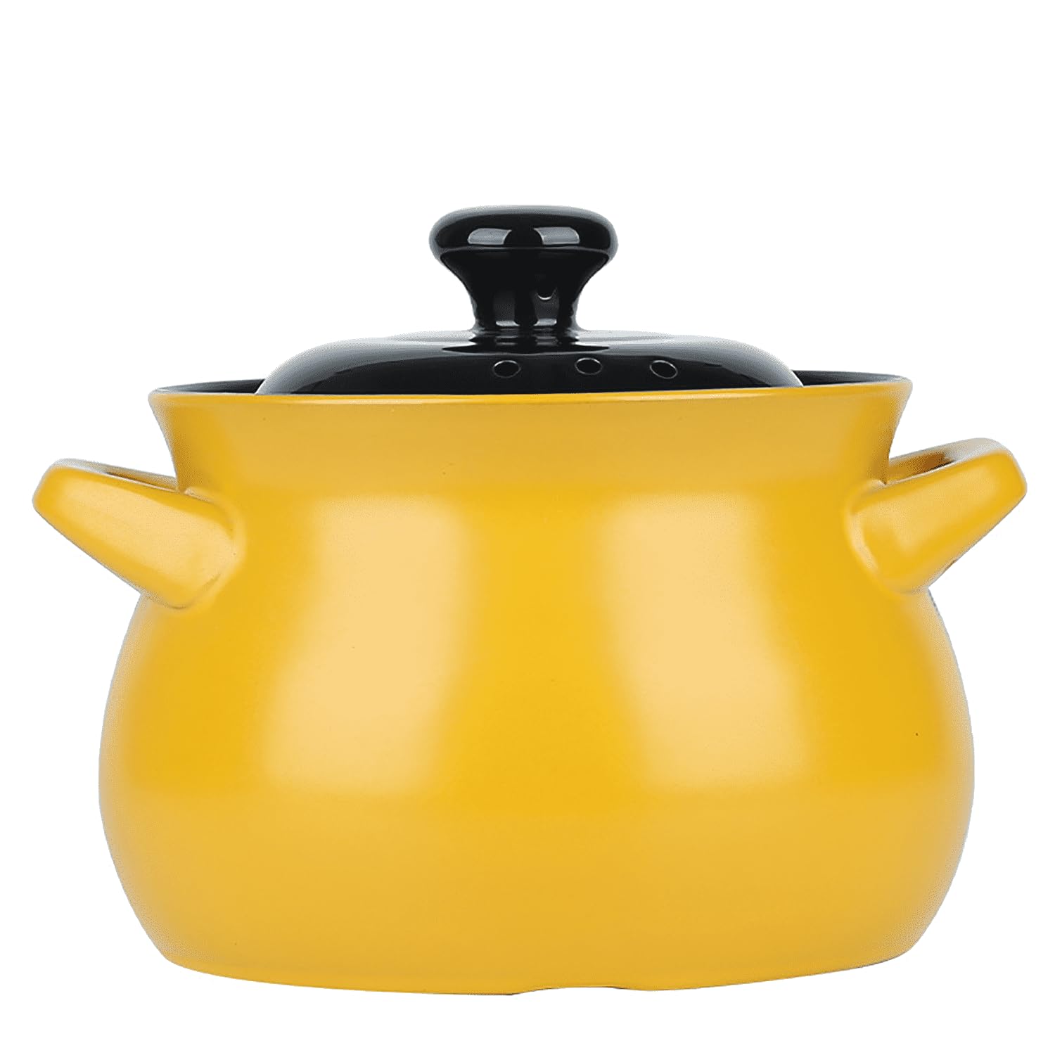 olla de cerámica, Olla de cerámica con tapa doble asa, sopera pura(Black and yellow,3.8L)