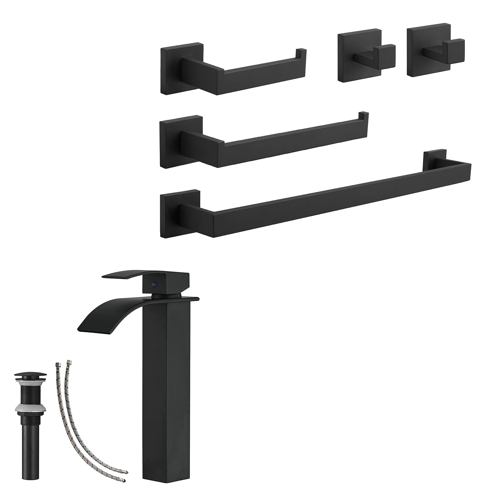 Nfusrxmbk Black Matte Vessel Sink Faucet Waterfall Modern And Matte Bathroom Hardware Set 5-Piece