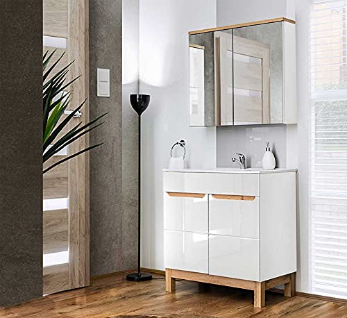Badmöbel Badset Kalli 2-teilig 80cm | Stand-Waschplatz & Spiegelschrank | weiß-Eiche … Cover