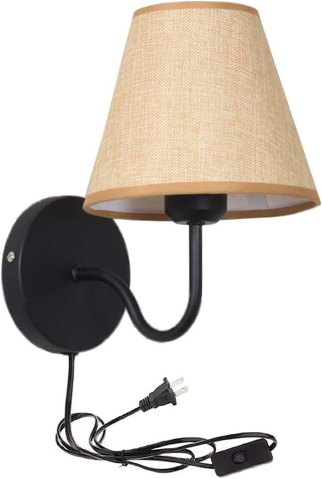 Kiven Simple Warm Fabric Bedroom Living Room Stair Wall Lamp One Cable, Mains Plug and on/Off Switch,Bulb Included,Color:Black