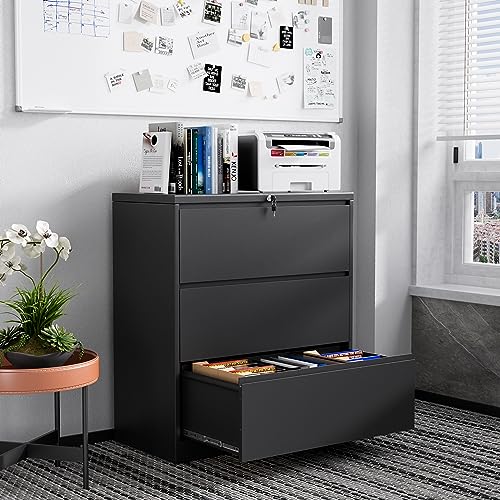 Wiilayok Lateral File Cabinet With Lock,3 Drawer File Cabinet For Home And Office, Organizer Storage Lateral Locking Filing Cabinet, Black #TOP1