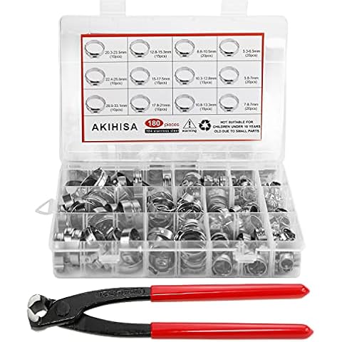AKIHISA 180 PCS Single Ear Hose Clamps, 12 Sizes 5.3-33.1mm Crimp Hose Clamps with Ear Clamps Pincer, 304 Stainless Steel Crimp Pinch Fitting Tools Kit Cover