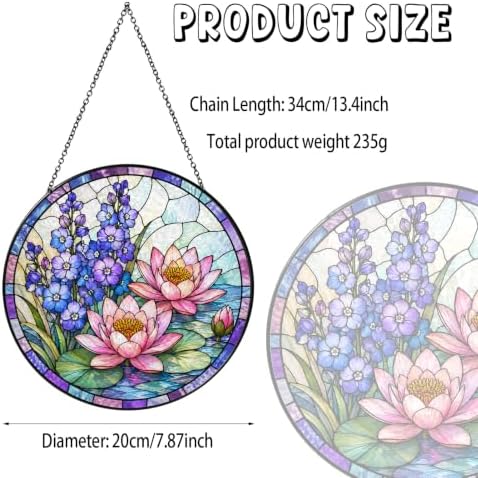 July Birth Flower Stained Glass Suncatcher Window Hanging, Pink Water Lily Sun Catcher for Indoor Window, Birthday Gift for Women Mom Daughter, Floral Glass Decor, 7.87 Inch - 1