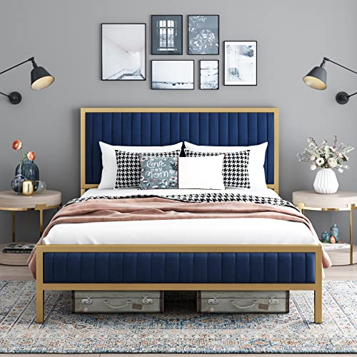 Hifit Bed Frame Queen Size, Queen Bed Frame With Headboard, Heavy Duty Metal Foundation, Upholstered Bed Frame With Velvet Tufted Headboard, Wood Slat Support, No Box Spring Needed, Gold & Navy Blue #TOP3