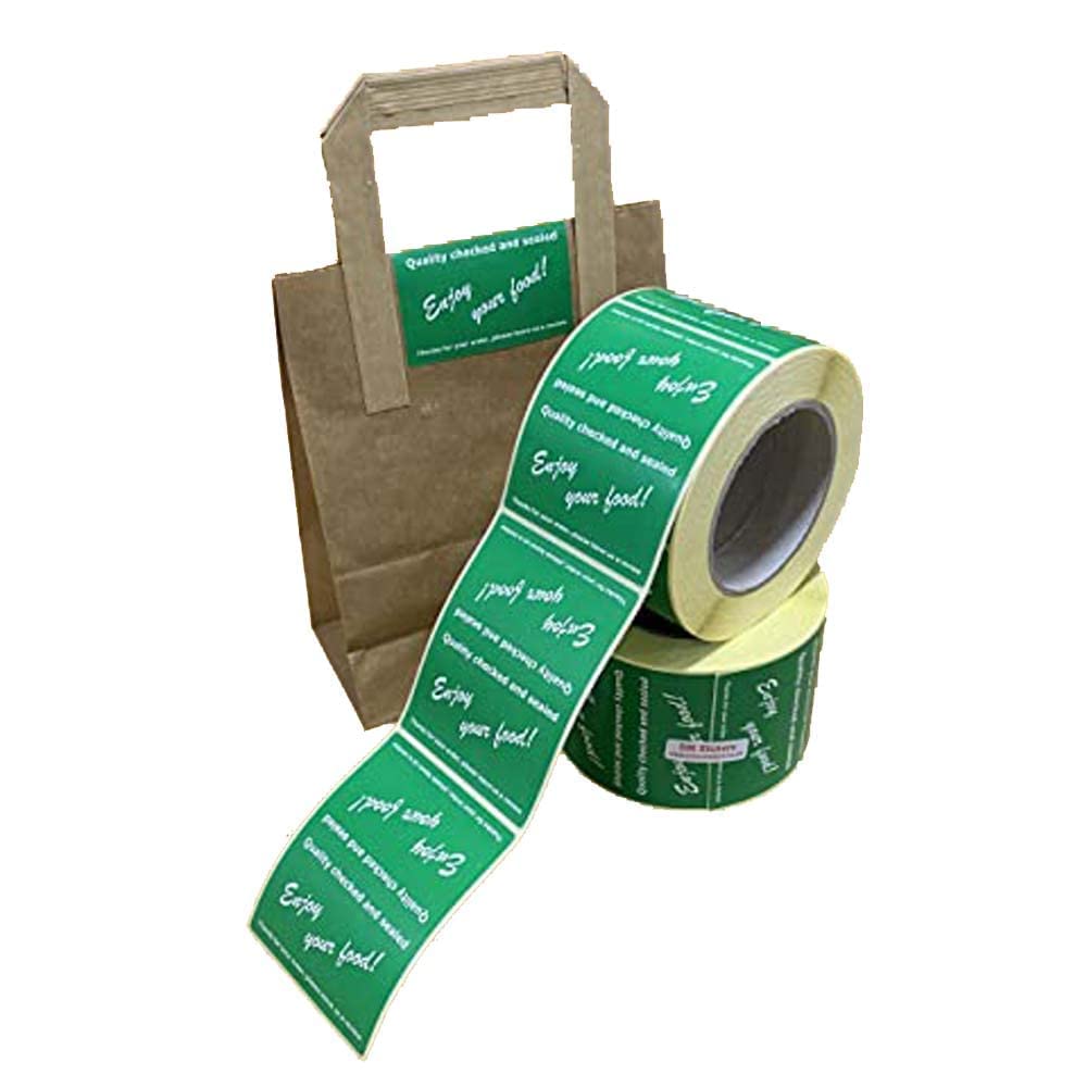 Green – Enjoy Your Food - Takeaway Bag Coloured Sticky Labels 80x100mm - 1000pcs/2 Rolls Durable Sticky Food Bag Label, Self Adhesive Paper for Delivery Bags, Label Sticker Pack by Price Stickers