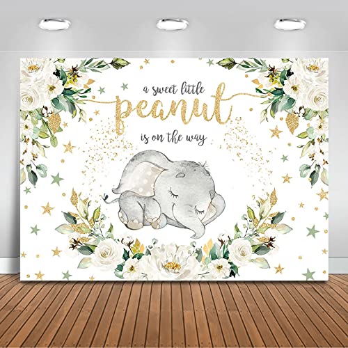 Mocsicka Baby Elephant Baby Shower Backdrop White Floral Sweet Little Peanut is on The Way Photo Backdrops Cute Elephant Party Cake Table Photography Background (10x8ft)...