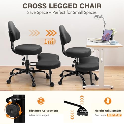 Cross Legged Office Chair, Criss Cross Desk Chair ADHD Meditation Kneeling Yoga Seat with Adjustable Height, Lumbar Support, Wider Footrest and Wheels (Black)