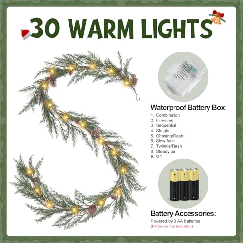 Artgar-Pine-Garland-Realistic-6-FT-Cedar-Garland-Christmas-Garland-with-30-Warm-Lights-with-8-Light-Modes-Garland-Christmas-Decorations-for-Mantels-Stair-Table-Decor-White-Green Artgar Pine Garland Realistic 6 FT Cedar Garland Christmas Garland with 30 Warm Lights with 8 Light Modes Garland Christmas Decorations for Mantels Stair Table Decor White Green