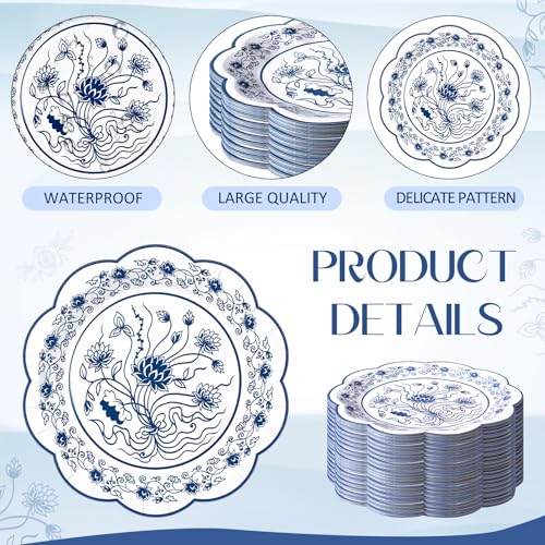 Image of Funnymoom 60 Pcs 7 Inch Blue Floral Plate Blue White Chinoiserie Scalloped Paper Plate for Dessert Porcelain Disposable Party Decor Tableware, Vintage Birthday Wedding Bridal Shower Tea Party Supplies